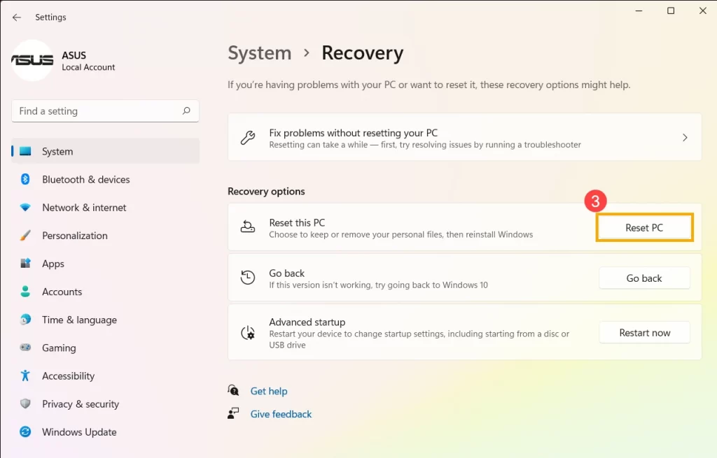 Windows 11 Recovery : Reset PC