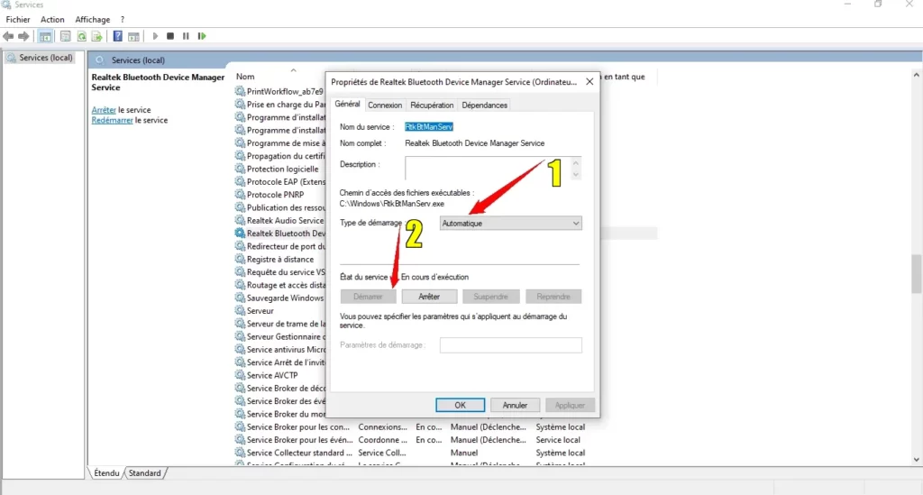 Fenêtre de configuration des services Bluetooth.