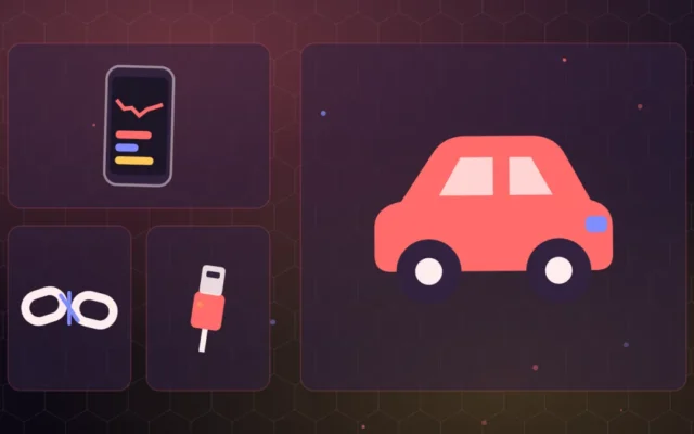 Smartphone relié à une voiture par un câble, lien de connexion rompu entre les deux