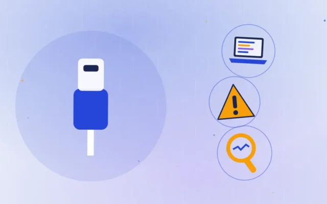 Clé USB branchée sur un ordinateur portable, panneau d'alerte et loupe de diagnostic