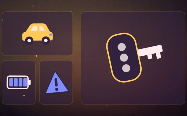 Clé de voiture à télécommande devant une voiture, pile vide et signal d'alerte