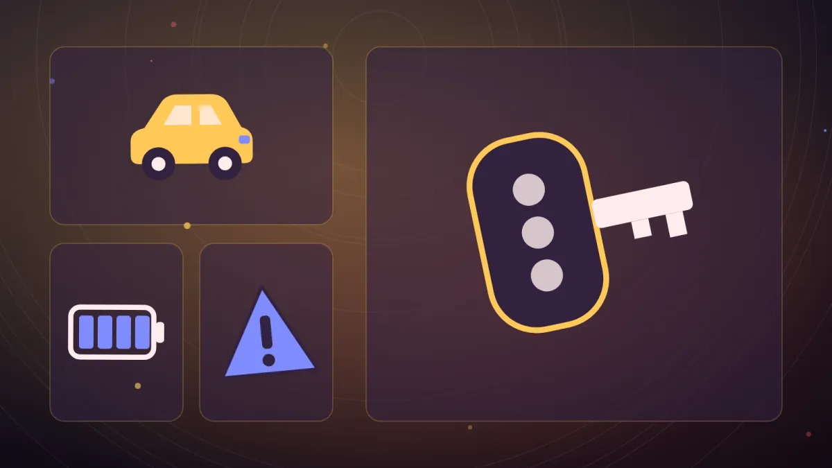 Clé de voiture à télécommande devant une voiture, pile vide et signal d'alerte