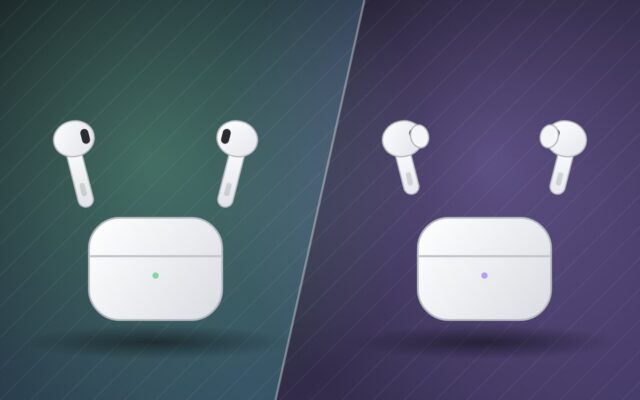 Illustration du comparatif AirPods 5 vs AirPods Pro 3, deux paires d'écouteurs blancs