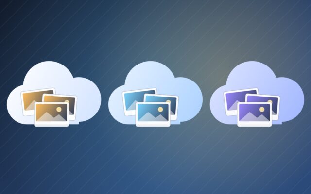 Google Photos vs iCloud vs OneDrive comparison illustrated with three clouds full of photos