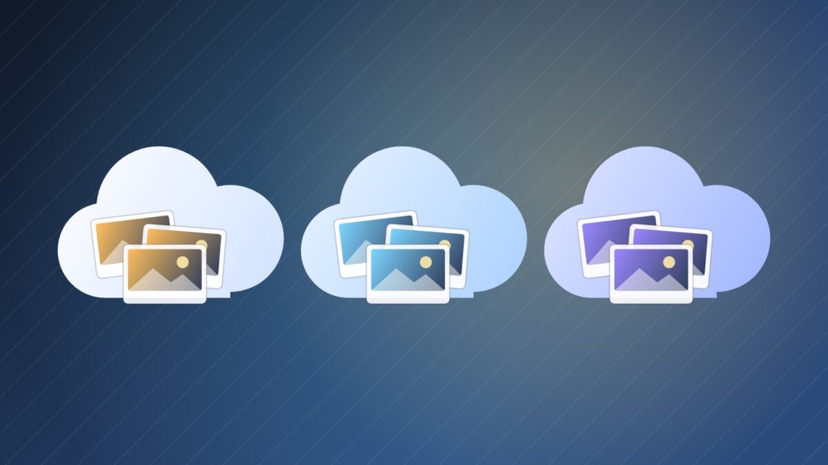Confronto Google Foto vs iCloud vs OneDrive illustrato con tre nuvole piene di foto