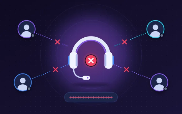 Casque-micro au centre, avatars déconnectés par des lignes rompues : salon vocal bloqué, aucune route