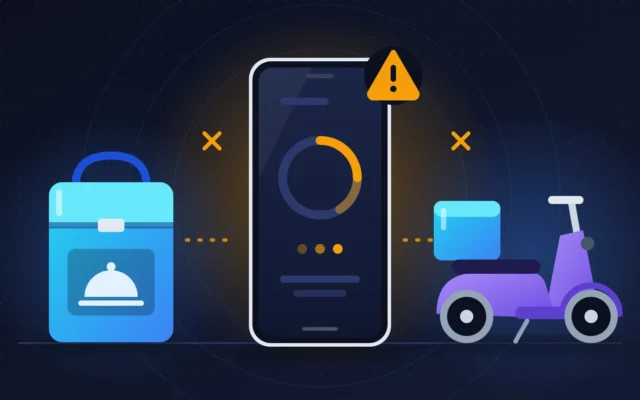 Smartphone bloqué sur un écran de chargement entre un sac de livraison et un scooter