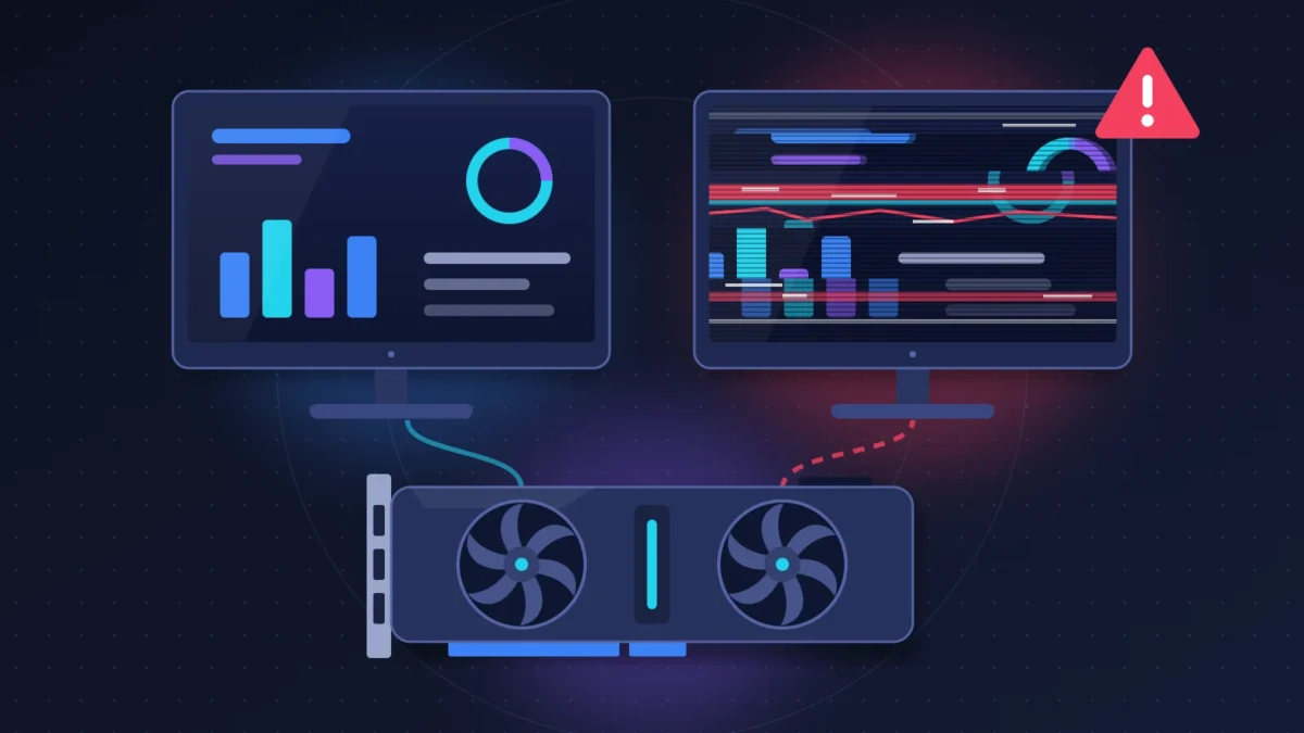 Deux écrans de PC dont un scintille avec des bandes parasites, carte graphique au premier plan