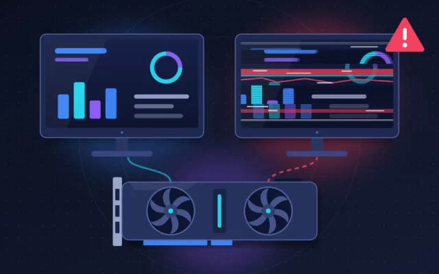 Deux écrans de PC dont un scintille avec des bandes parasites, carte graphique au premier plan