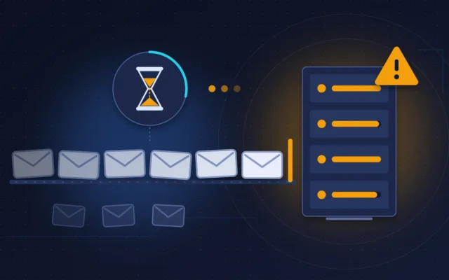 File d'e-mails d'entreprise en attente devant un serveur de messagerie saturé, avec sablier et alerte