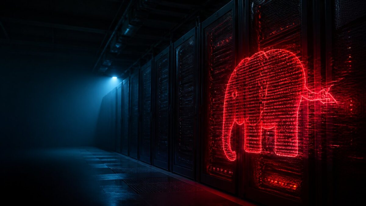 Salle de serveurs plongée dans le noir, un serveur PHP signalé en rouge pendant la faille PHP2Shell