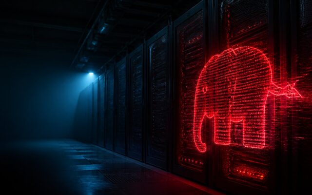 Salle de serveurs plongée dans le noir, un serveur PHP signalé en rouge pendant la faille PHP2Shell