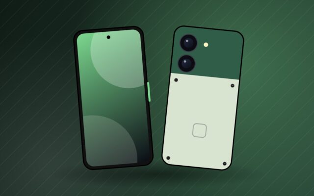 Illustration d'un smartphone réparable à dos bicolore pour la fiche du Fairphone 6