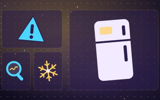 Réfrigérateur stylisé avec un flocon et une loupe, symbole du diagnostic du froid