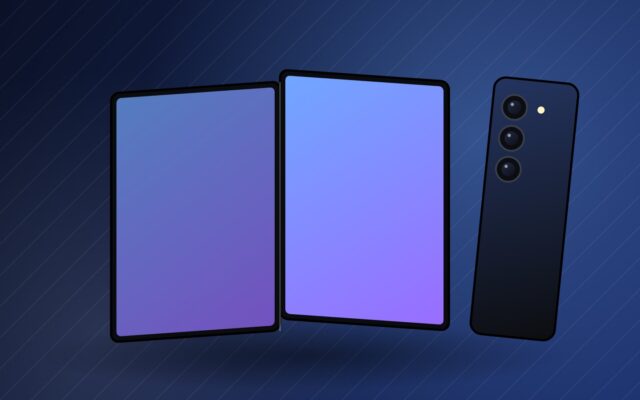 Illustration d'un smartphone pliable ouvert comme un livre pour la fiche Galaxy Z Fold 8