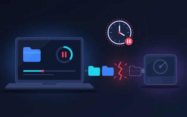 Sauvegarde automatique interrompue entre un PC portable et un disque dur externe, horloge figée