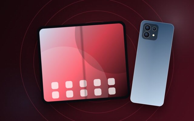 Illustrazione di uno smartphone pieghevole aperto, scheda del Huawei Mate XT 2
