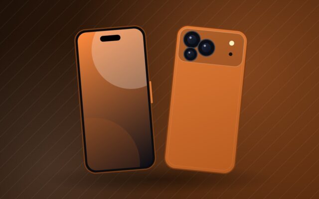 Illustration d'un smartphone haut de gamme orange pour la fiche de l'iPhone 17 Pro