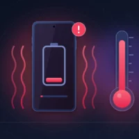 Smartphone iPhone 18 Pro qui chauffe, thermomètre rouge, ondes de chaleur et batterie presque vide