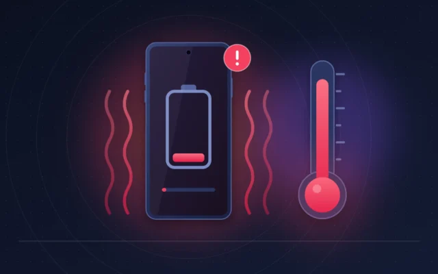 Smartphone iPhone 18 Pro qui chauffe, thermomètre rouge, ondes de chaleur et batterie presque vide