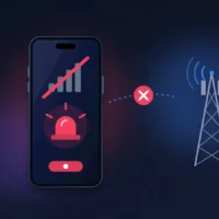 iPhone 18 Pro sans réseau en mode urgence, barres de signal barrées loin d'une antenne relais