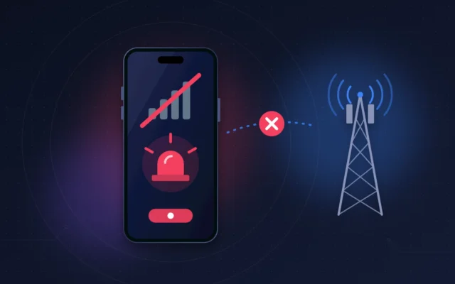 iPhone 18 Pro sans réseau en mode urgence, barres de signal barrées loin d'une antenne relais