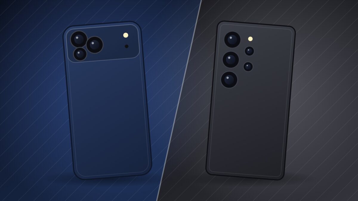 Illustration of two large phones, iPhone 18 Pro Max vs Galaxy S26 Ultra