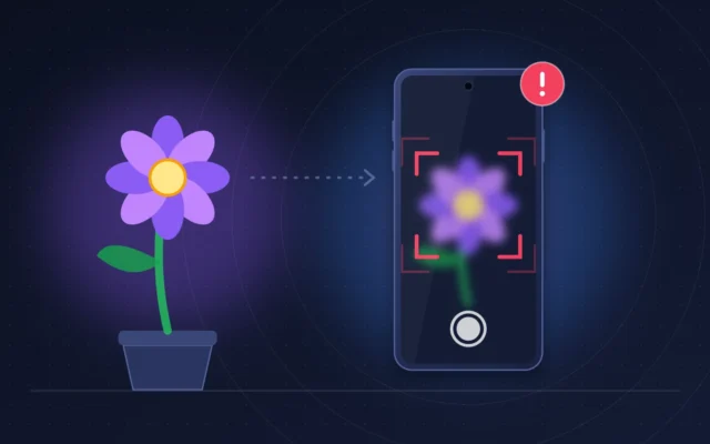 Smartphone iPhone 18 Pro photographiant une fleur dont l'image à l'écran reste floue