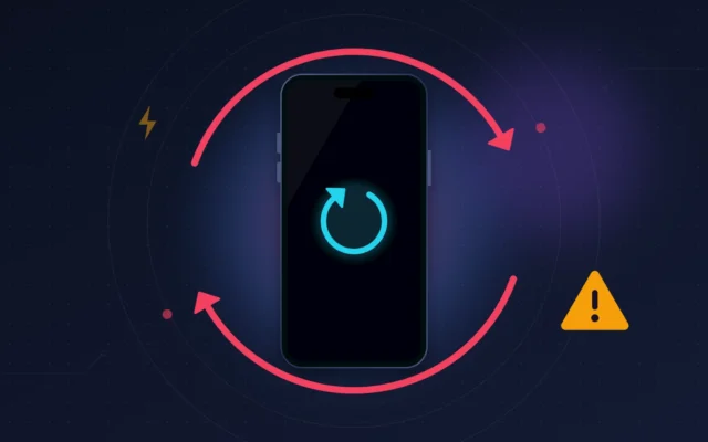 iPhone 18 Pro à l'écran noir pris dans une boucle de redémarrages avec un signal d'alerte