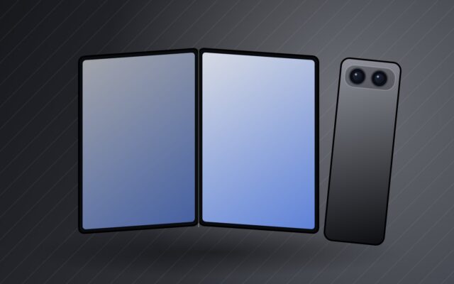 Illustration d'un smartphone pliable ouvert à plat pour la fiche de l'iPhone Duo