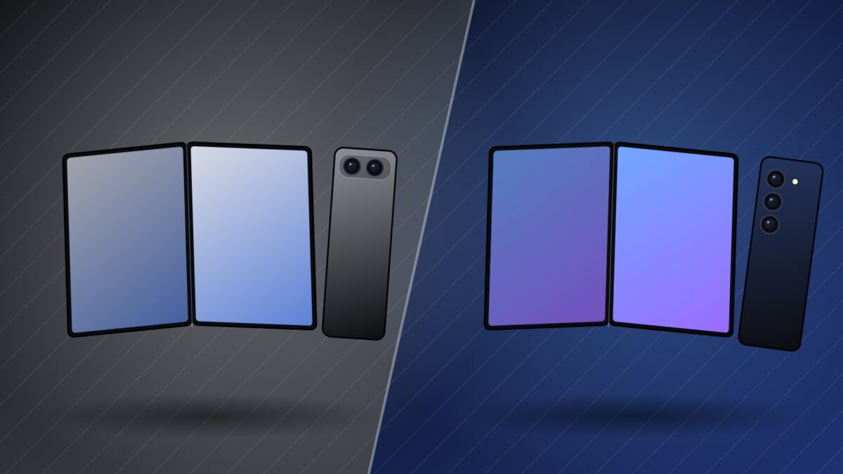 Illustration of the iPhone Duo vs Galaxy Z Fold8 comparison, two generic foldable phones