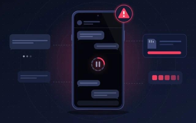 Smartphone à l'écran noir, application de messagerie figée avec bulles grisées et alerte de stockage saturé