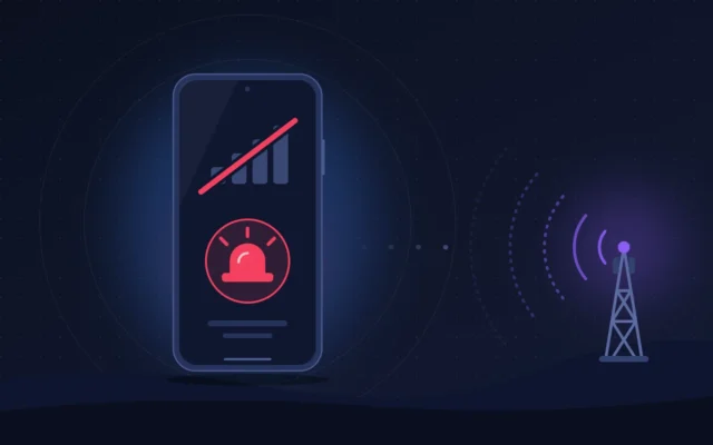 Smartphone sans réseau limité aux appels d'urgence, barres de signal barrées, antenne relais éloignée