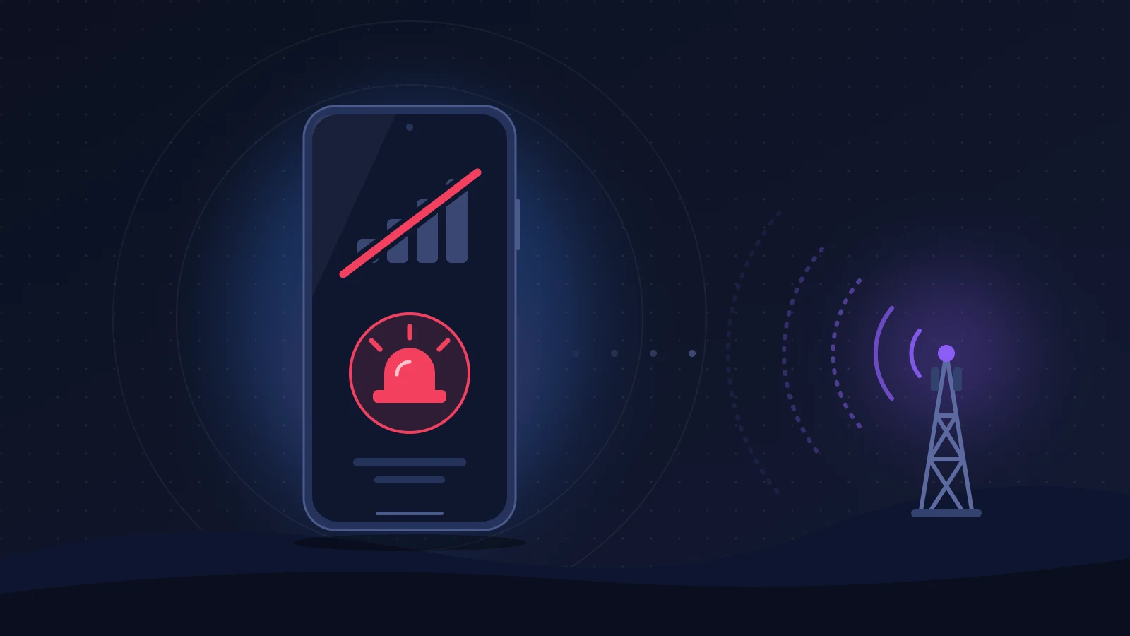 Smartphone sans réseau limité aux appels d'urgence, barres de signal barrées, antenne relais éloignée