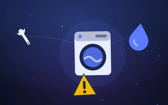 Lave-linge à hublot avec goutte d'eau, signal d'alerte et clé de réparation