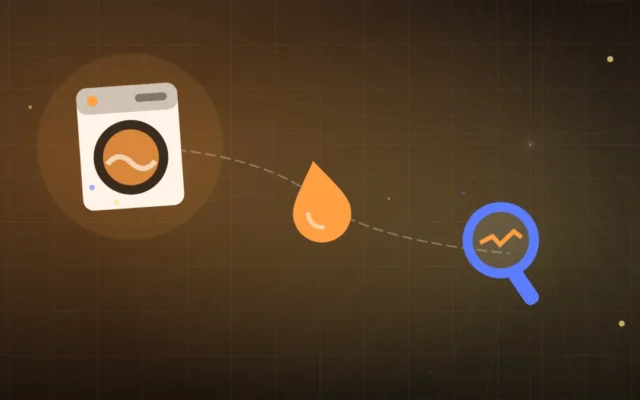 Lave-linge à hublot avec une goutte d'eau et une loupe, diagnostic d'une vidange bloquée
