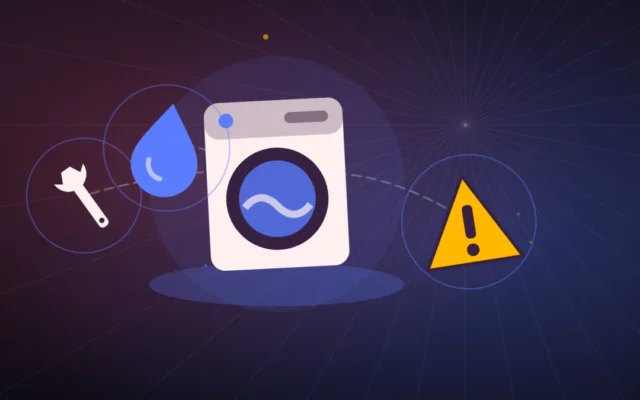 Lave-linge à hublot avec une goutte d'eau, un panneau d'alerte et une clé