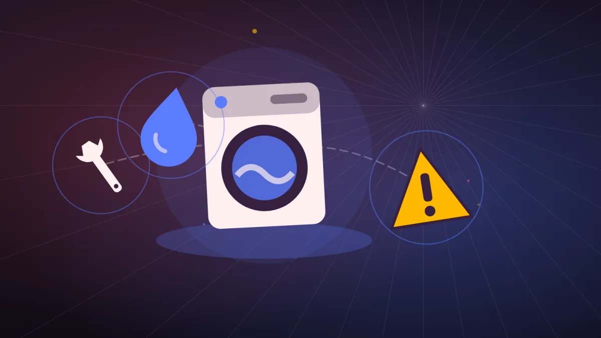 Lave-linge à hublot avec une goutte d'eau, un panneau d'alerte et une clé