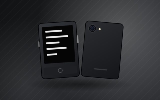 Illustration d'un téléphone minimaliste à écran noir et blanc pour la fiche du Light Phone III