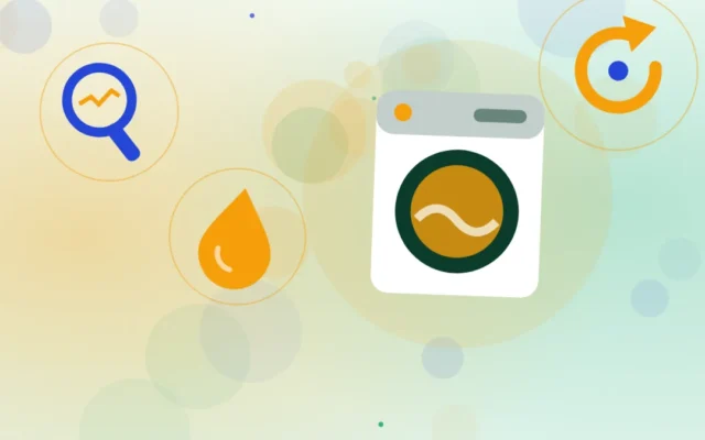 Lave-linge à hublot ouvert, goutte d'eau, loupe et flèche circulaire de nettoyage