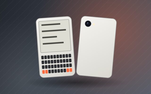 Illustration d'un téléphone à écran e-ink et clavier pour la fiche du Minimal Phone