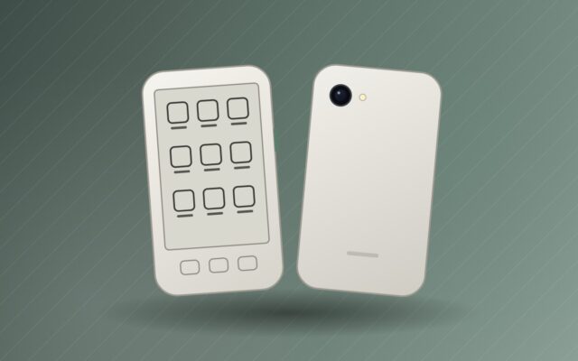 Illustrazione di un telefono minimalista con schermo E Ink per il Mudita Kompakt