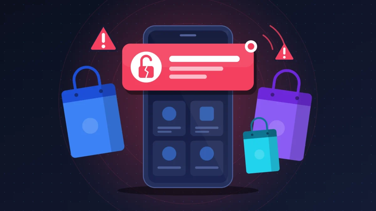 Smartphone affichant une notification rouge d'alerte de piratage d'une application de shopping, entouré de sacs