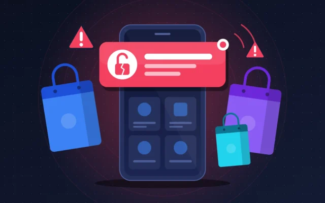 Smartphone affichant une notification rouge d'alerte de piratage d'une application de shopping, entouré de sacs