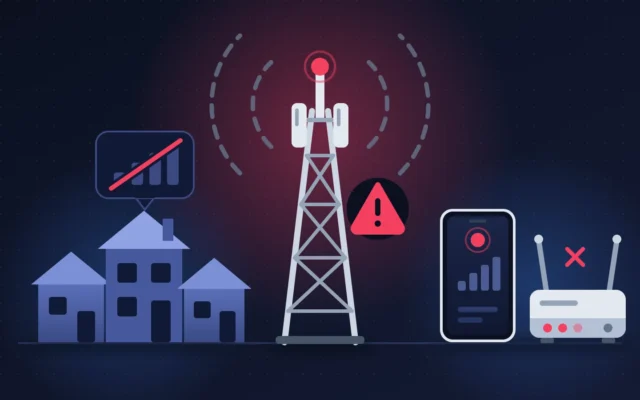 Antenne relais en alerte pendant une panne d'opérateur, maisons sans signal, téléphone et box en rouge