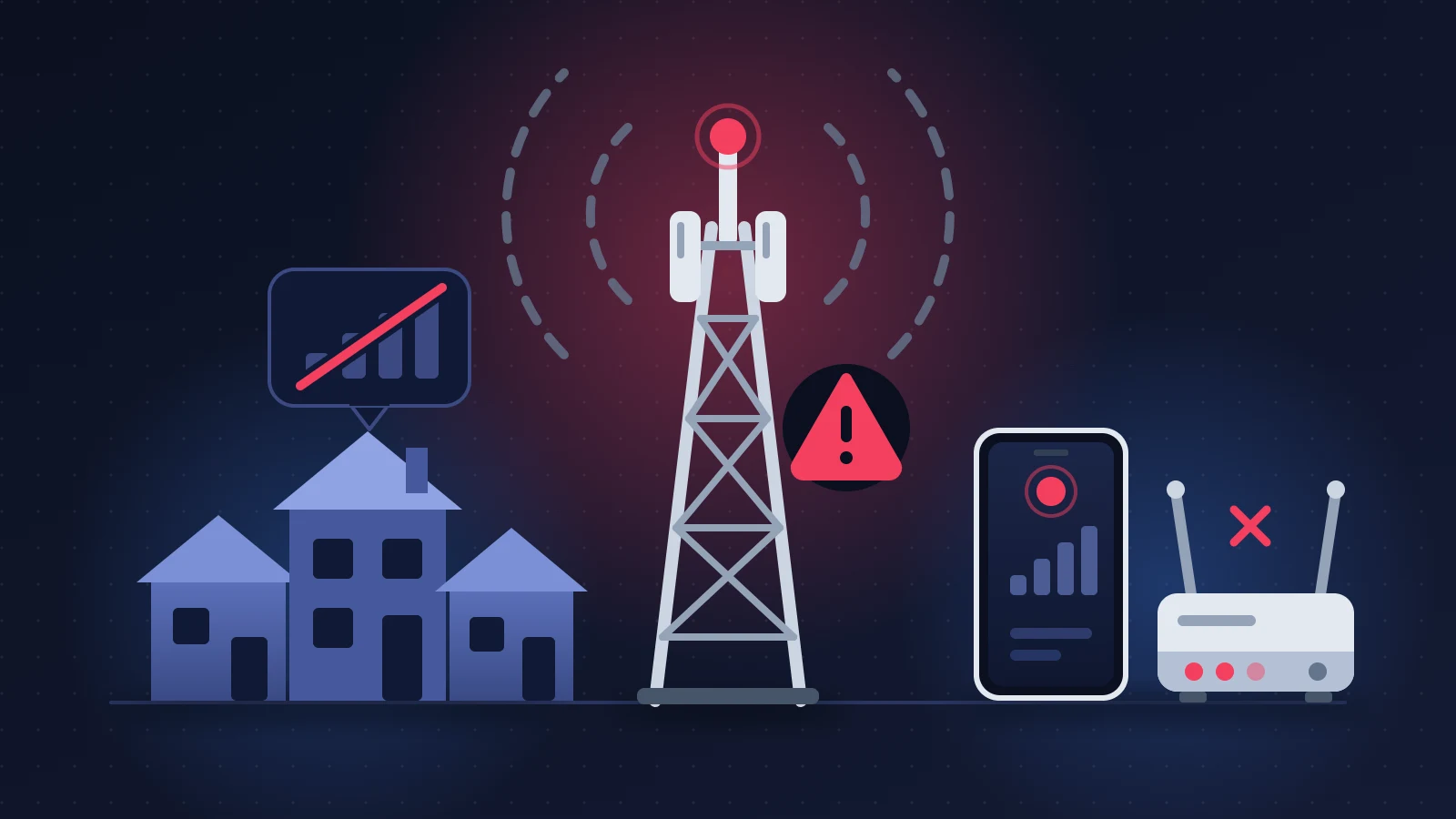 Antenne relais en alerte pendant une panne d'opérateur, maisons sans signal, téléphone et box en rouge