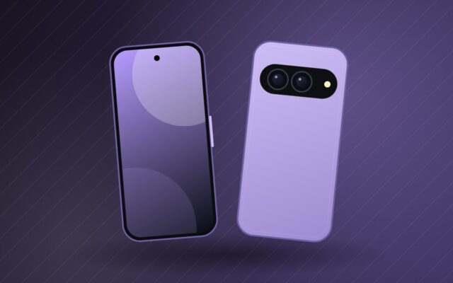 Illustrazione di uno smartphone compatto con barra fotografica orizzontale, scheda Pixel 11