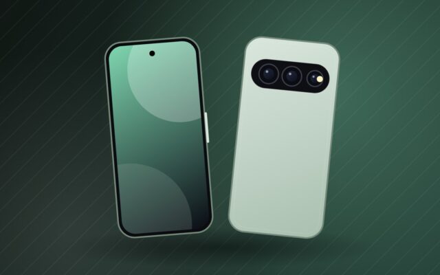 Illustration d'un smartphone compact à triple capteur pour la fiche du Pixel 11 Pro