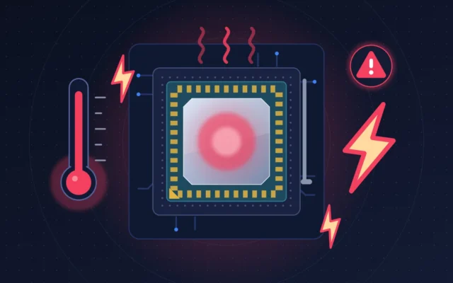 Processeur de PC de bureau en surchauffe sur son socket, entouré d'éclairs et d'une alerte