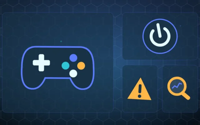 Controller di una console accanto a un pulsante di accensione, un segnale di allarme e una lente di diagnosi